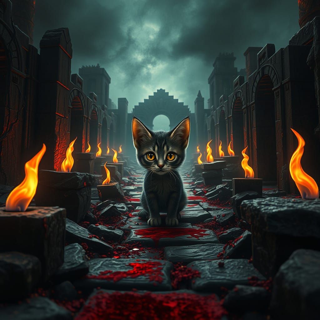 Ancient Necropolis Cat Under Hellish Flames