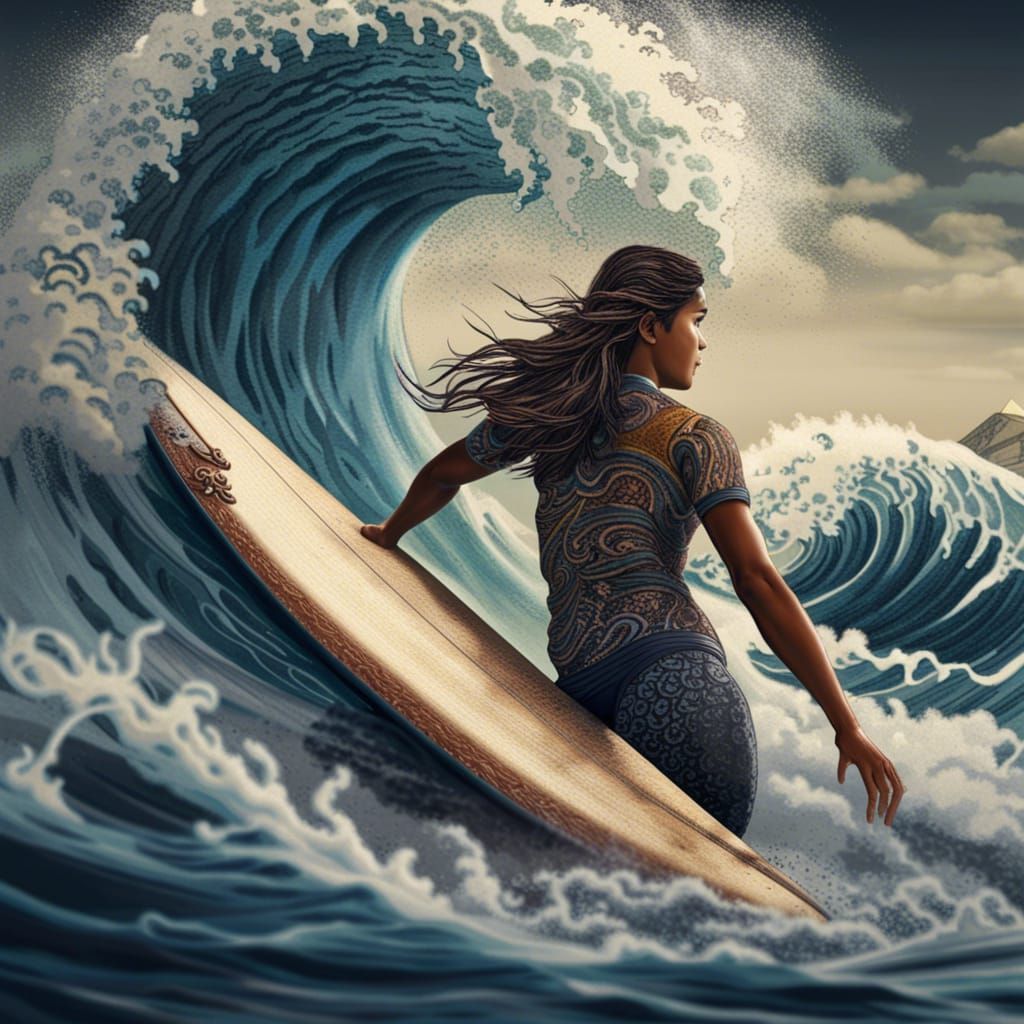 Surfer Girl Rides a Great Wave: Hyperrealistic Art