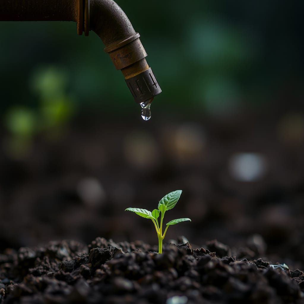 Green Plant Sprouts Near Rusted Pipe