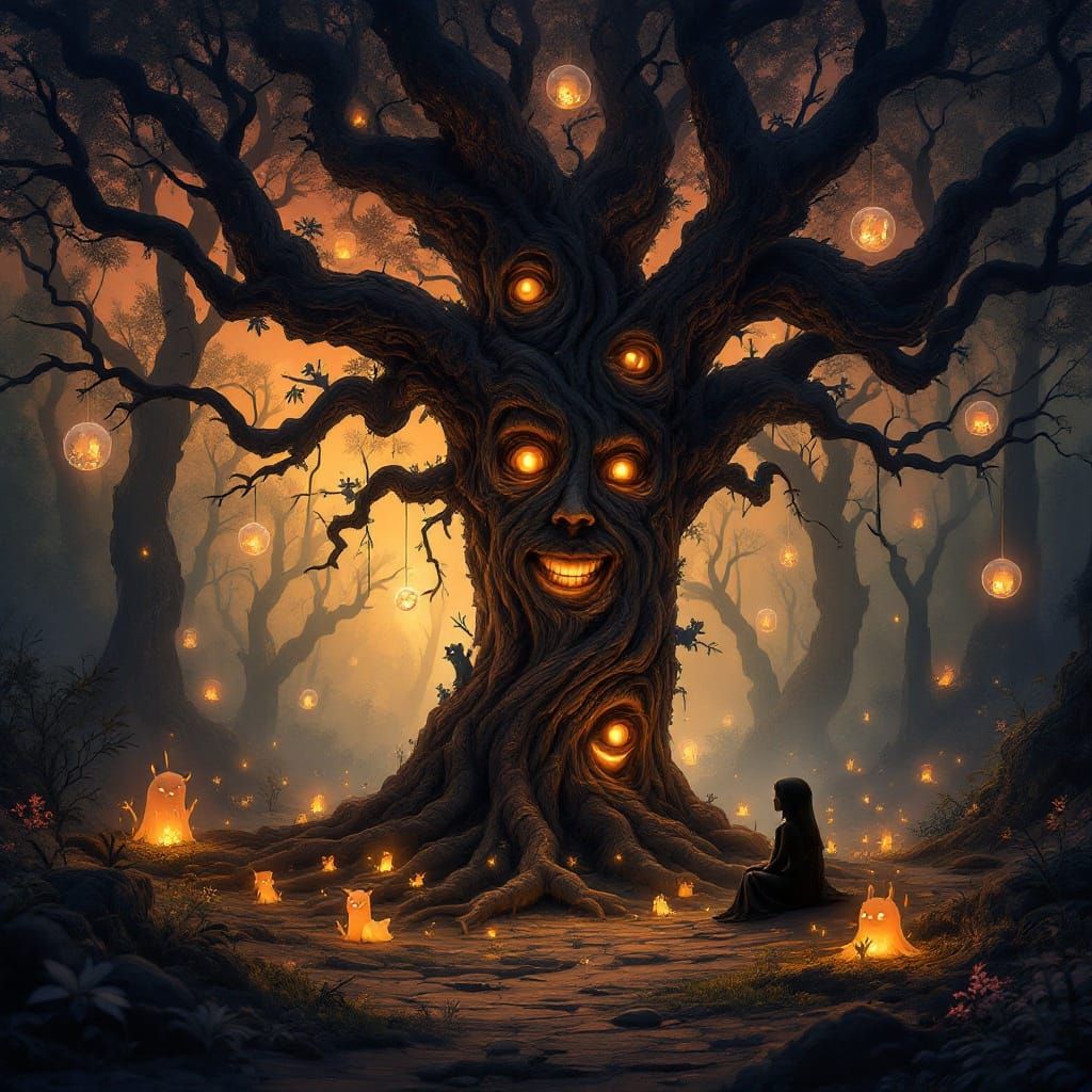 Enchanted Twilight Forest Glade with Ancient Tree