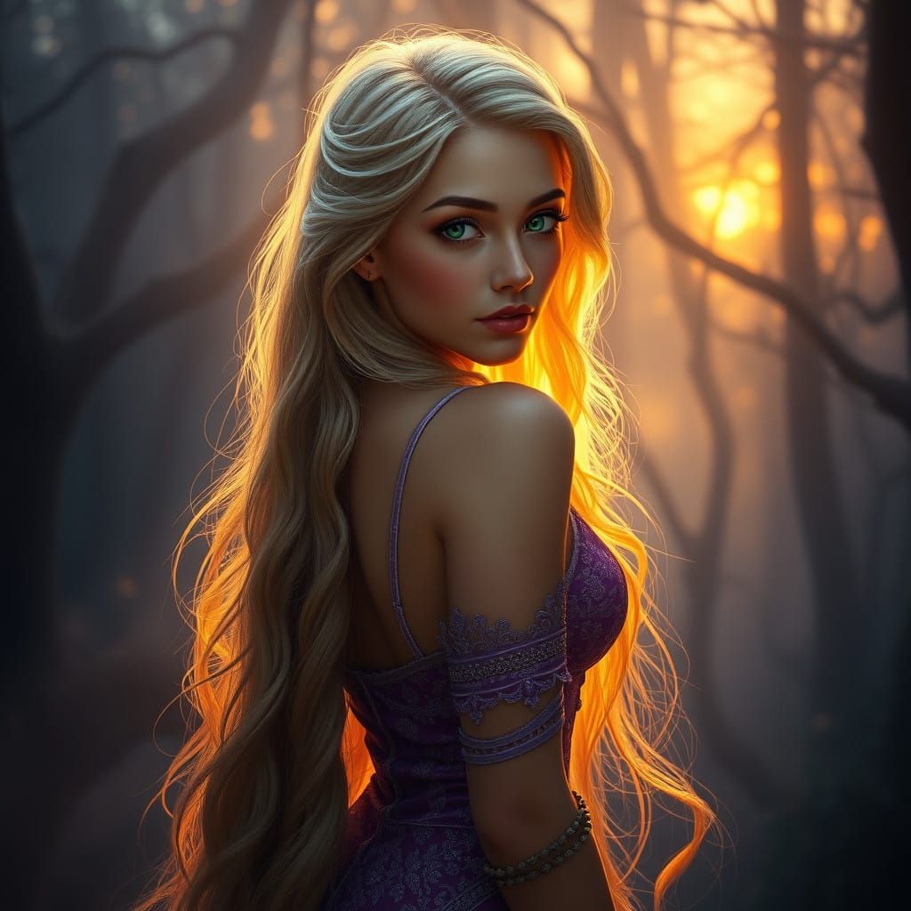 Golden Goddess in Dusk Forest