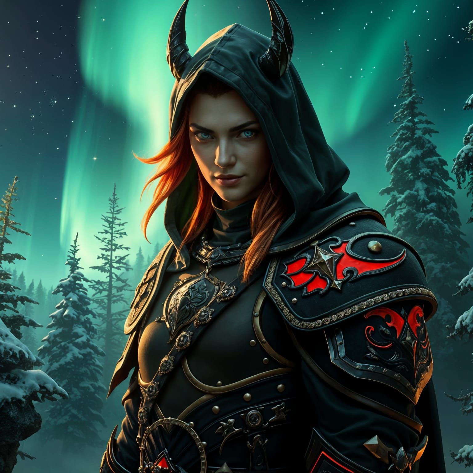 Hyperrealism, A demonic epic warrior figure, light smile, soft and warm green
eyes view, fire-color long hair, night for...