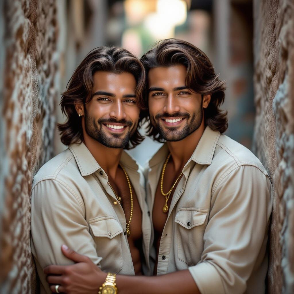 Two Handsome Indian Men Embrace in Alley