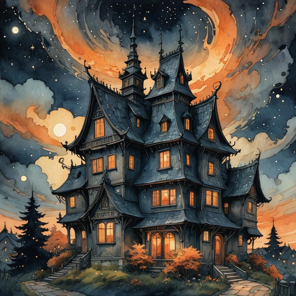 Crooked House in Starry Night: Dark Fantasy Art