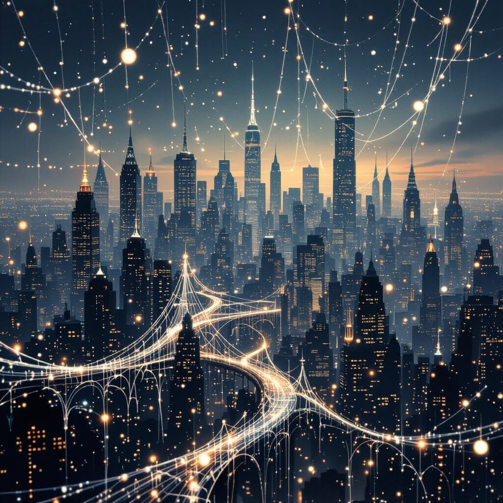 Spider Silk City Skyline in Whimsical Fantasy Style