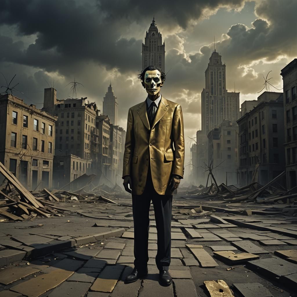 Desolate Figure in Ruined City: Surrealist Dreamscape