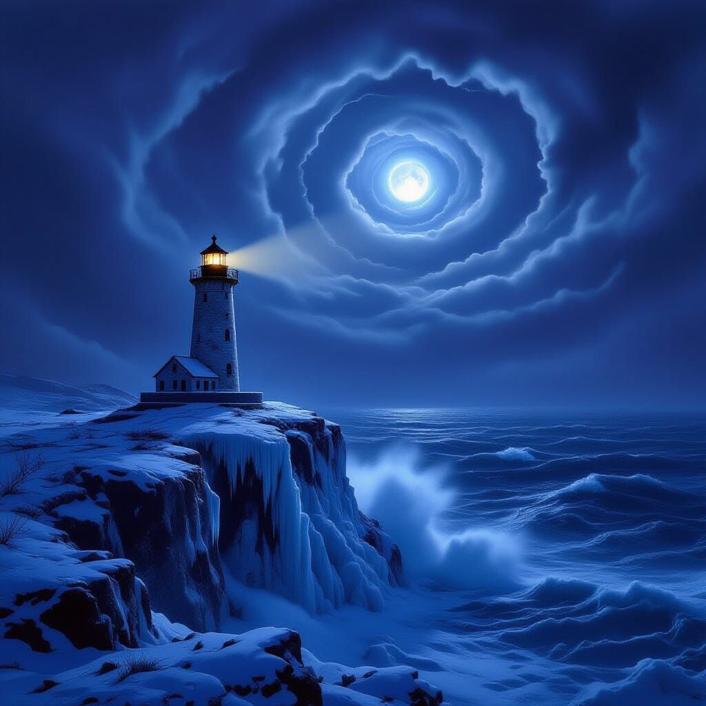 Lone Lighthouse in Icy Storm, Romantic Landscape Style