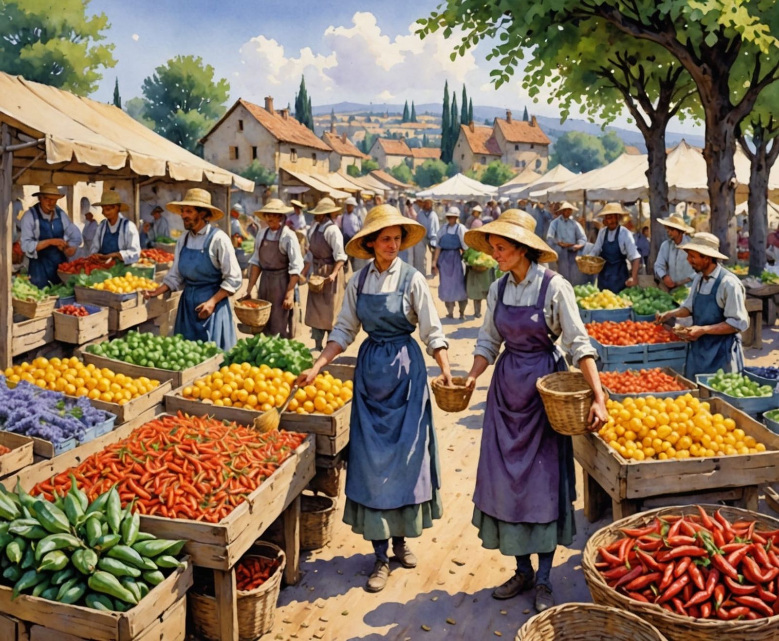 Vibrant Farmers Market in Dotted Oil Painting