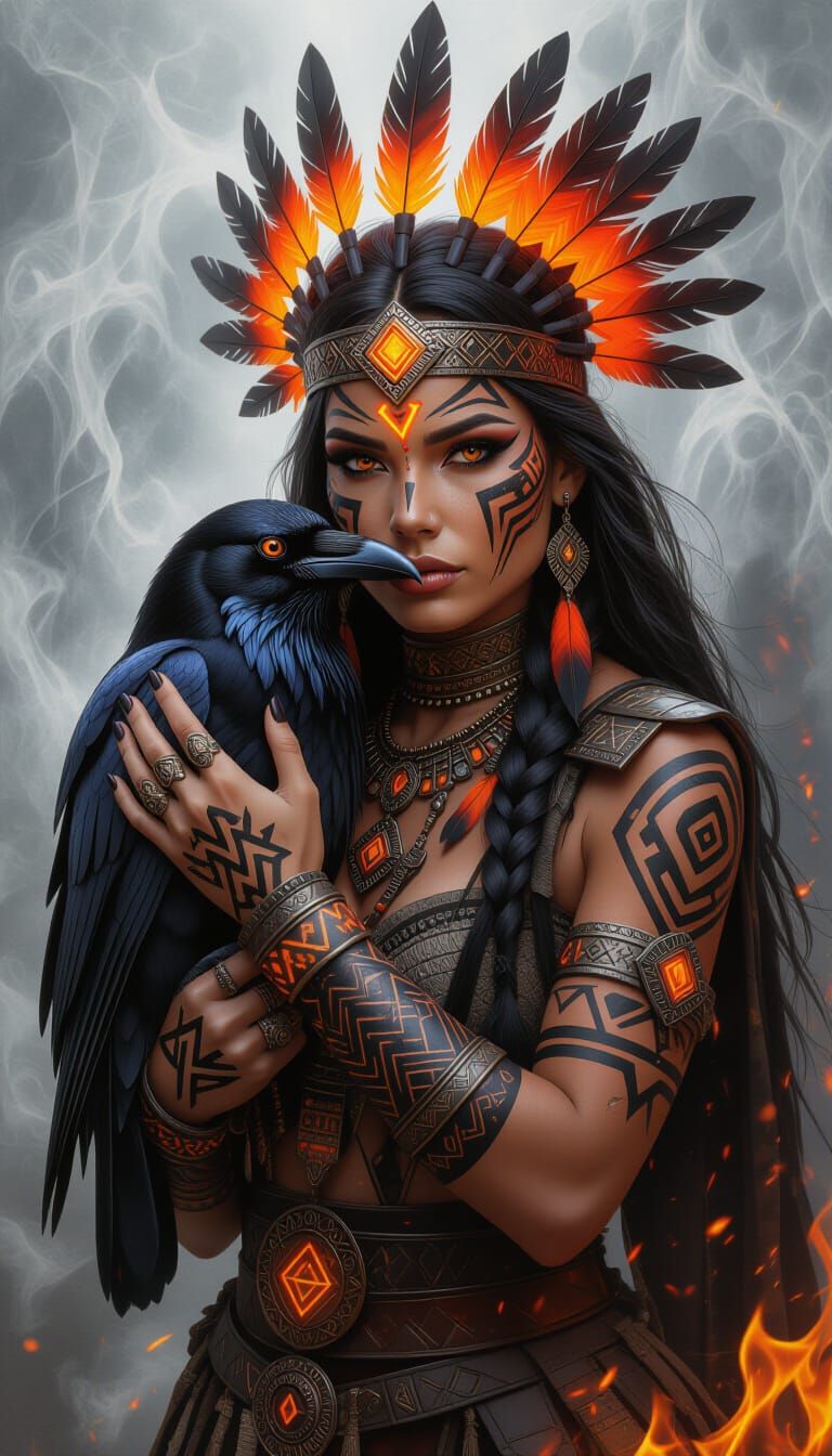 Tribal Warrior Goddess with Raven in Hyperrealism