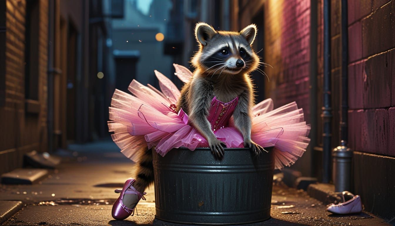 Raccoon Fairy Sits on Trashcan in Alcohol Ink Style