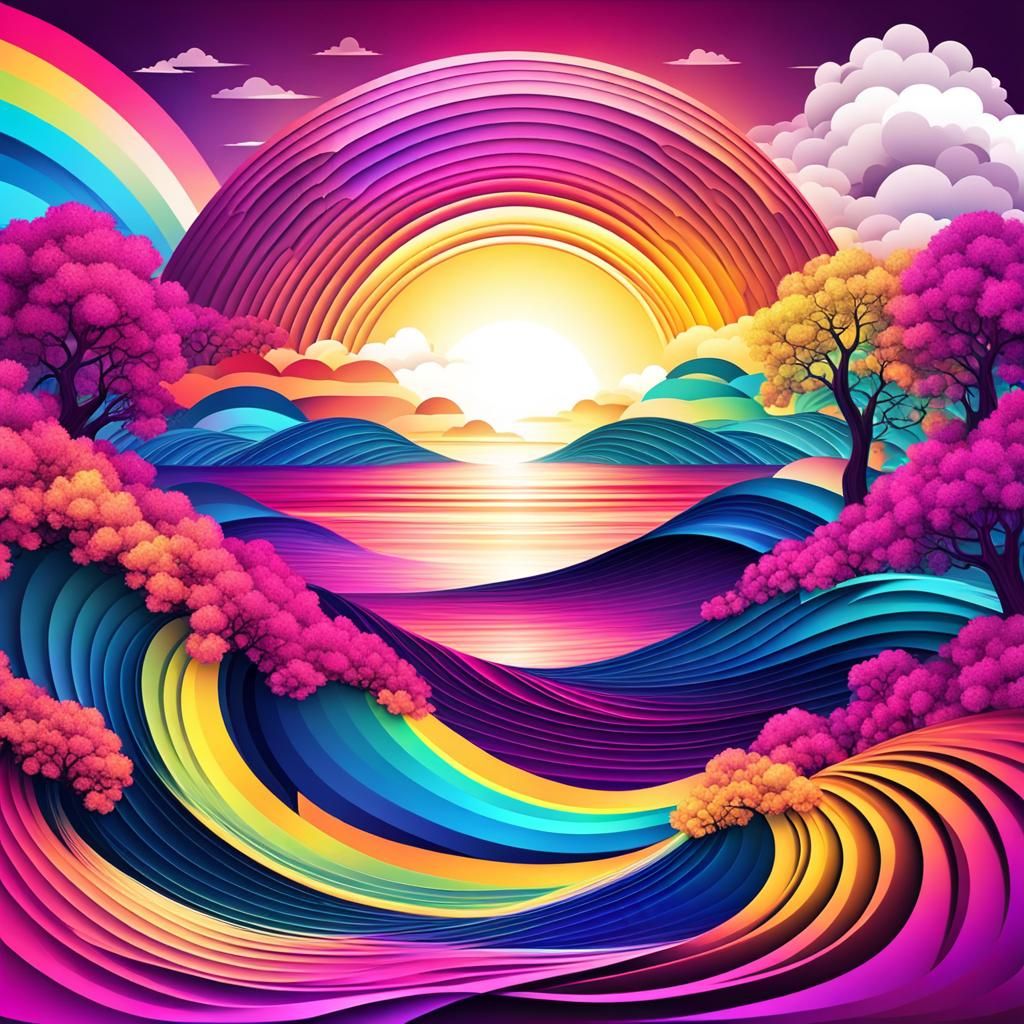 Rainbow Sunset Over Magenta Fractal Landscape
