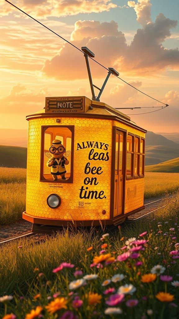 Golden Honeycomb Tram in Vibrant Sunset Landscape
