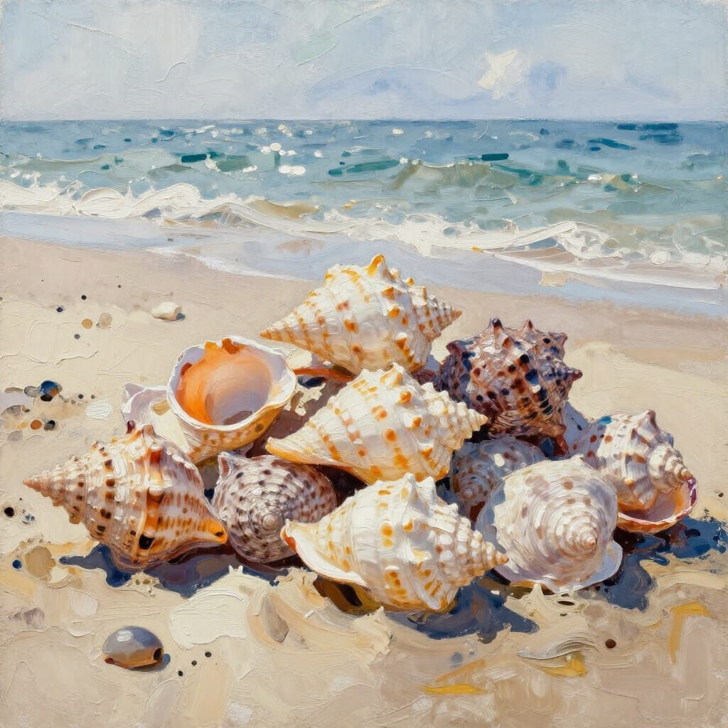 Seashells on Beach in Watercolor Style
