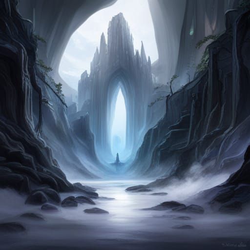 Ethereal Fantasy Cave Interior with Mist