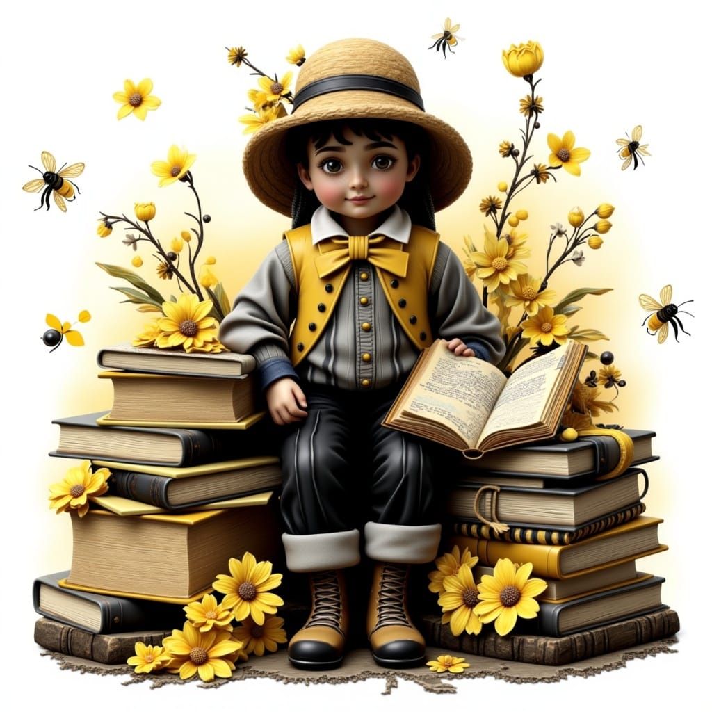 <lora:Honey Bee:1.0>Create a Clean Oil Ink Airbrush Painted illustration of an Isolated Books about Bees and beeing an i...