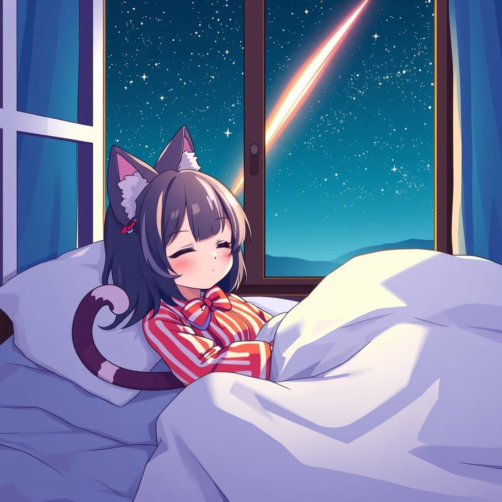 Anime Girl Sleeps in Bed Under Starry Night Sky with Comet