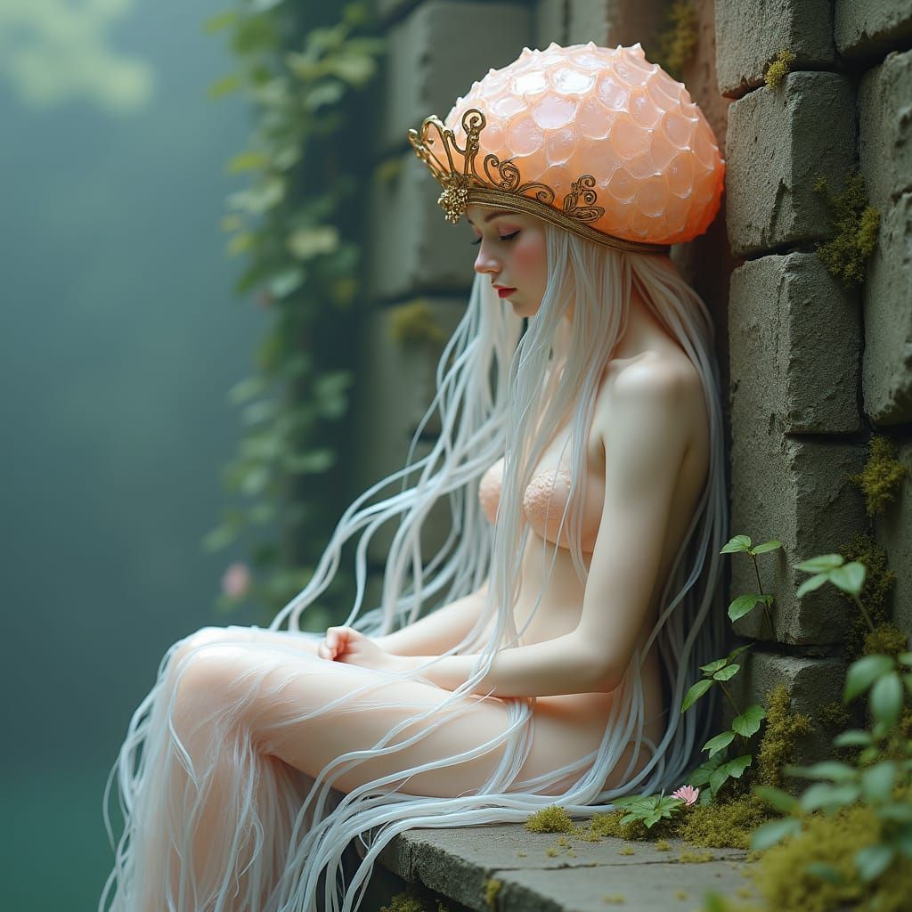 Anthropomorphic Jellyfish Woman in Dreamlike Stillness