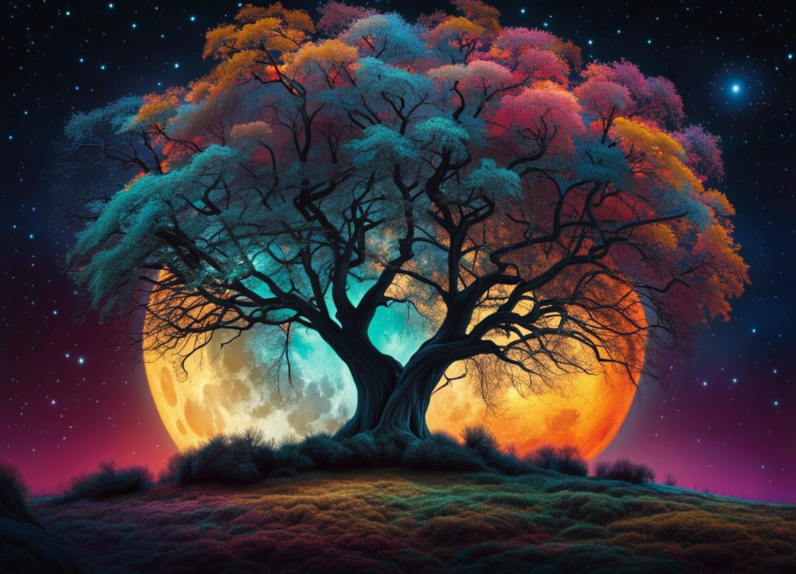 Abstract Moonlit Trees Under a Starry Night Sky