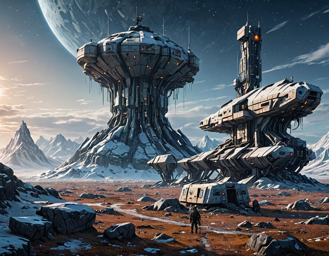 Cybernetic Outpost in Arctic Tundra Fantasy Landscape
