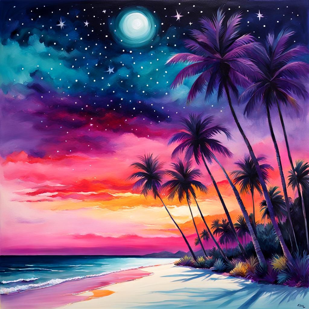Coastal Palms at Night in Impressionist Gouache Style