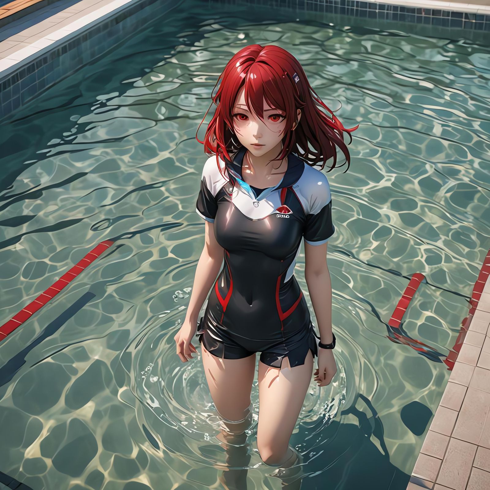 Anime Style Red-Eyed Girl at Pool