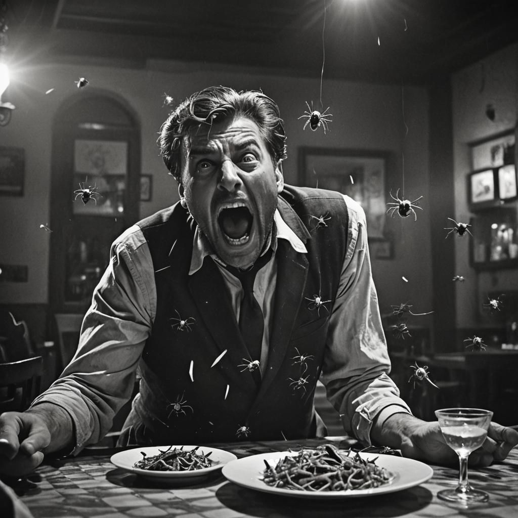 Terrified Man with Spiders in Film Noir Style
