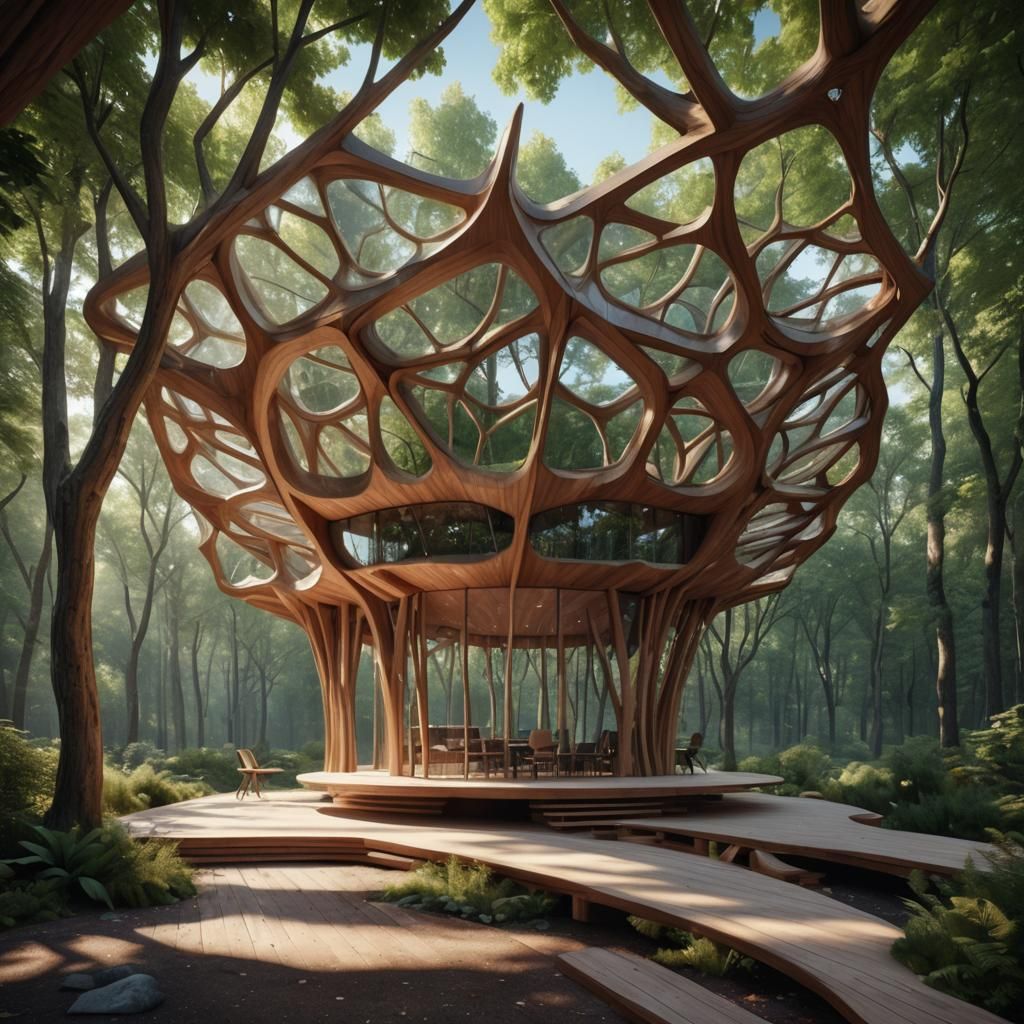 Photorealistic Parametric Pavilion in Forest, Wright Style