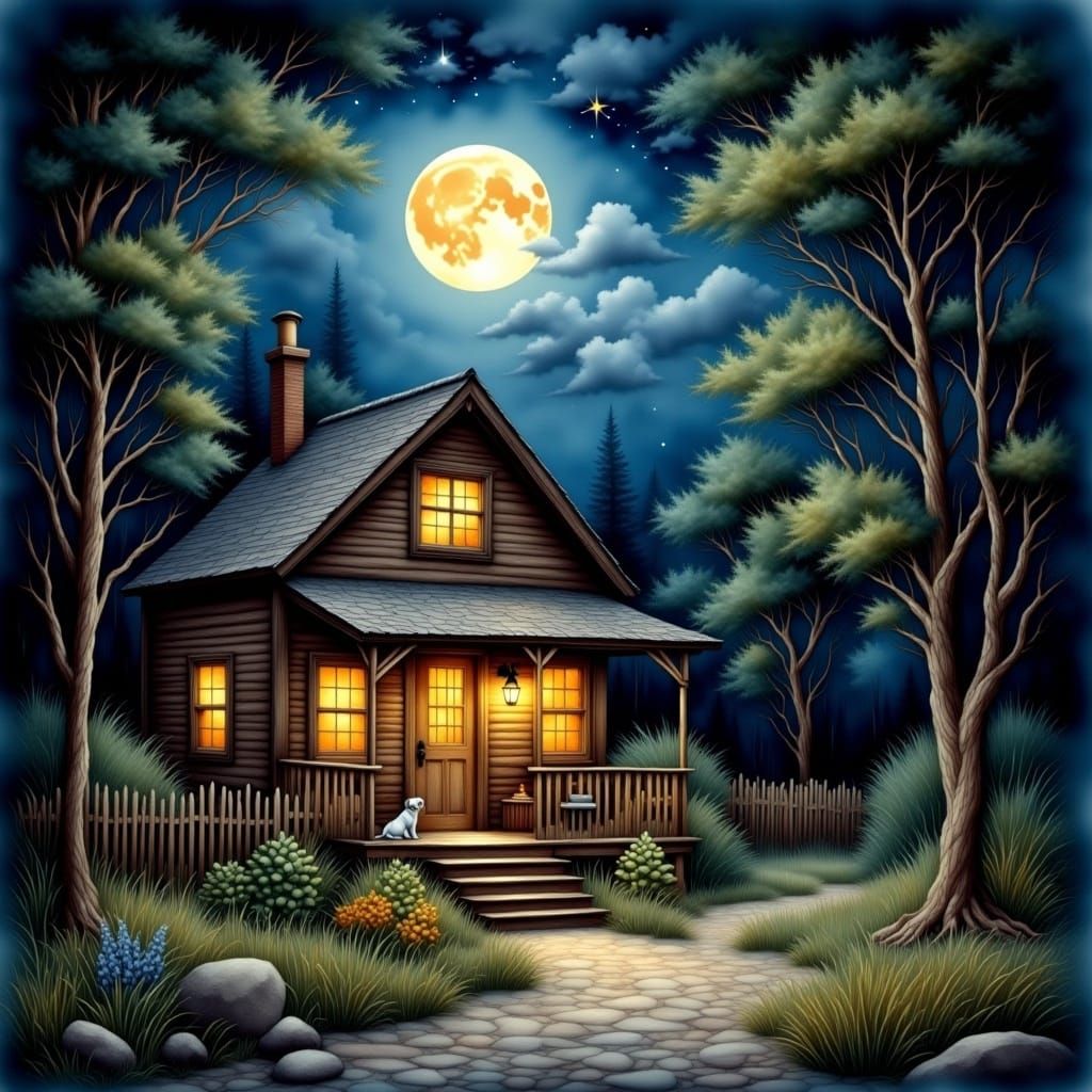 Cabin at Night in Antique Watercolor Style