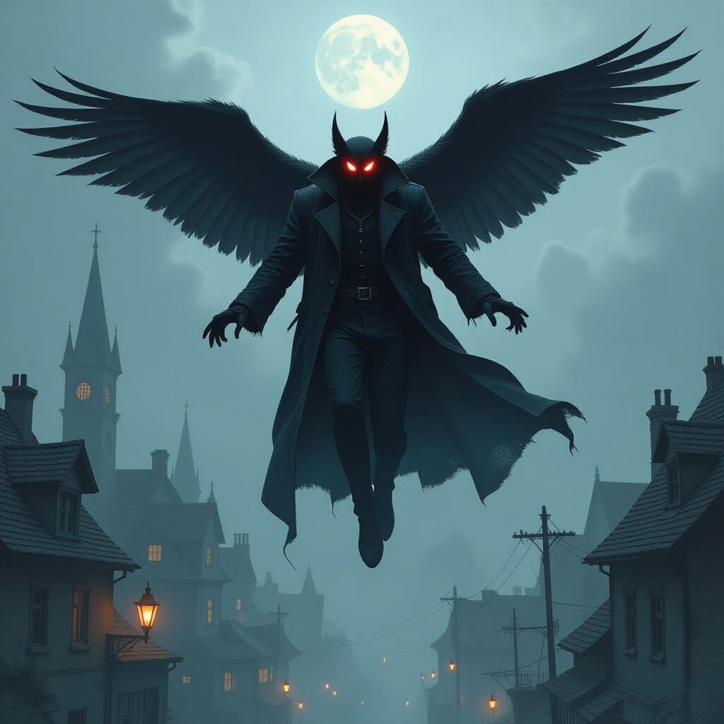Mothman Flies Over Misty Town in Gothic Style
