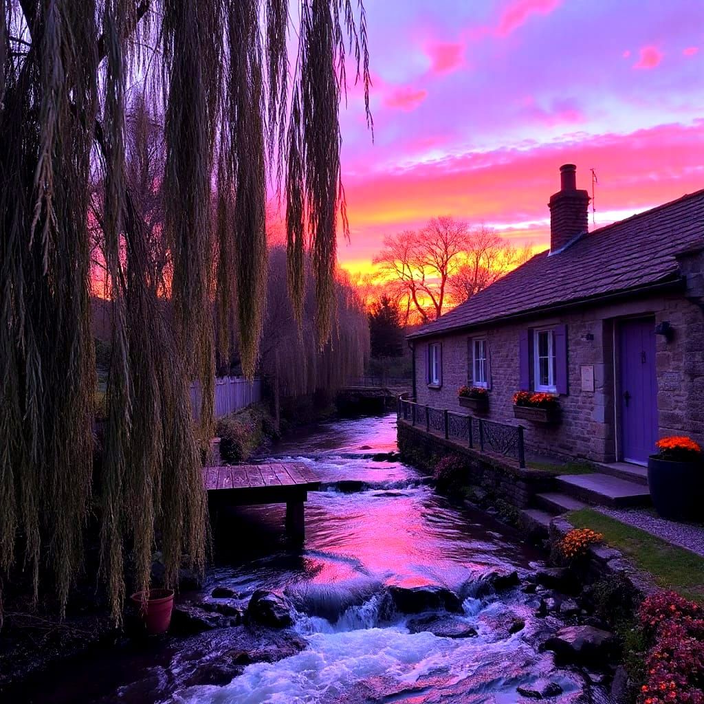 Dreamy Purple and Orange Landscape with Weeping Willows and ...