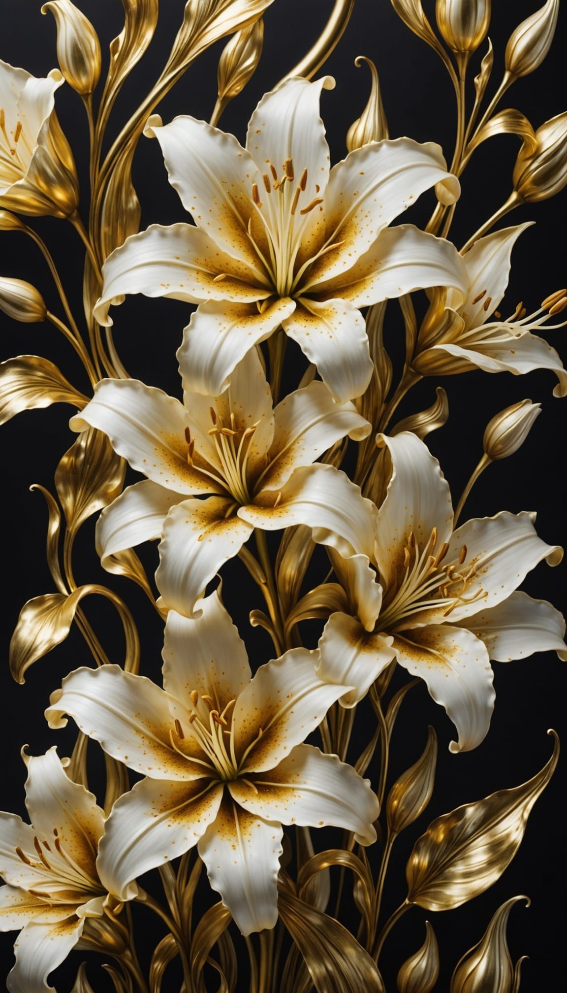 Intricate Lily Flowers Formed From Flowing Molten Gold and G...