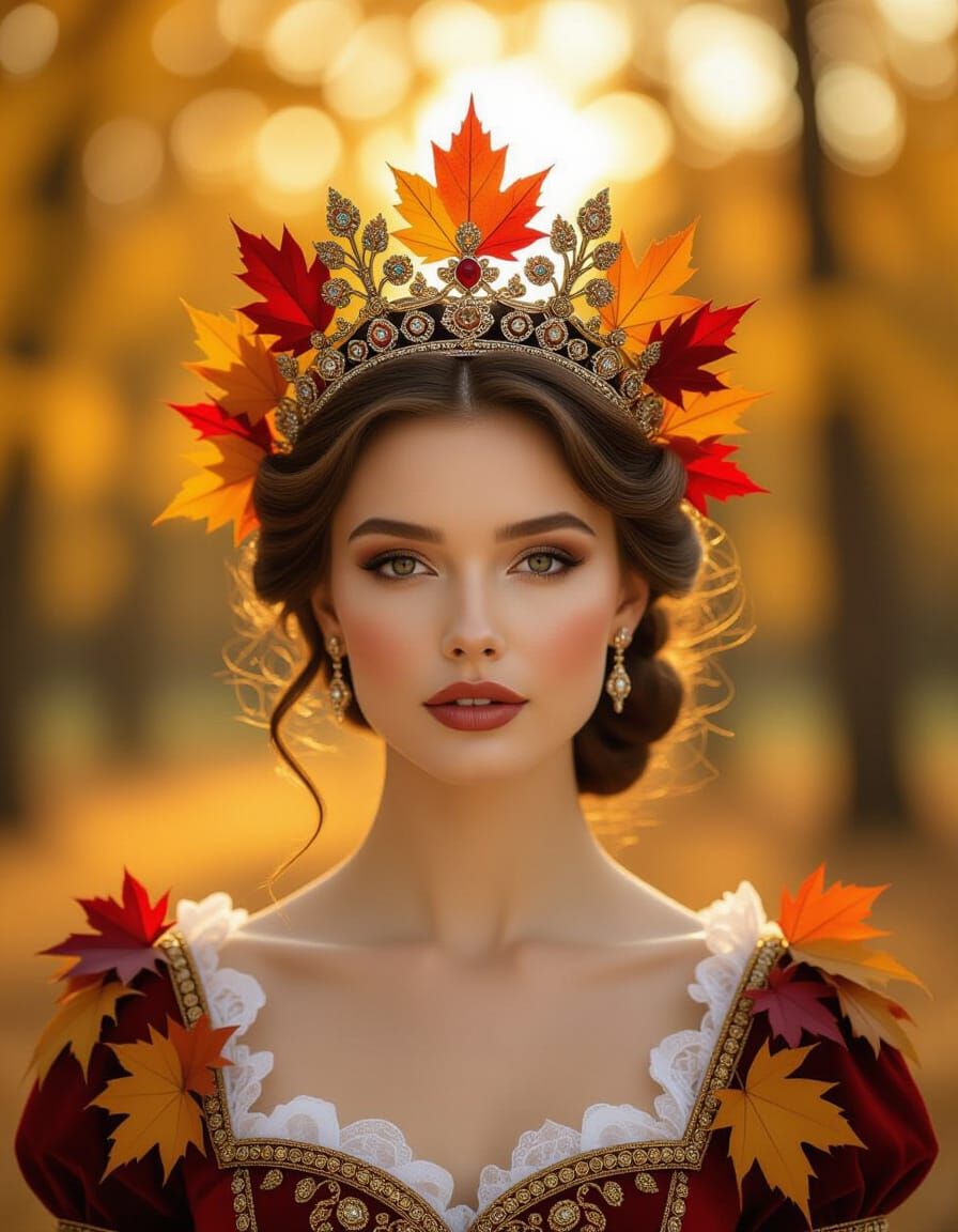 Regal Queen Wears Ornate Autumn Leaf Crown