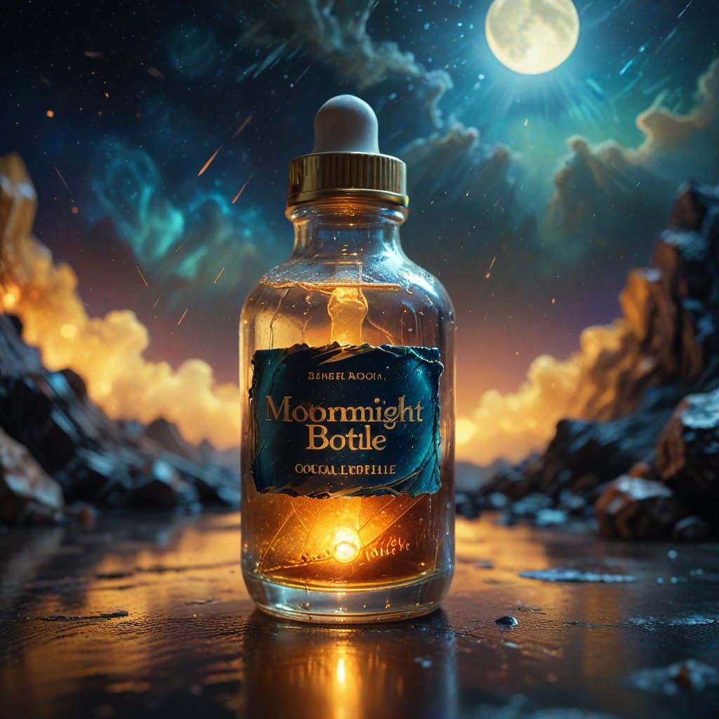 glowing serum bottle labeled "Moonlight in a Bottle"