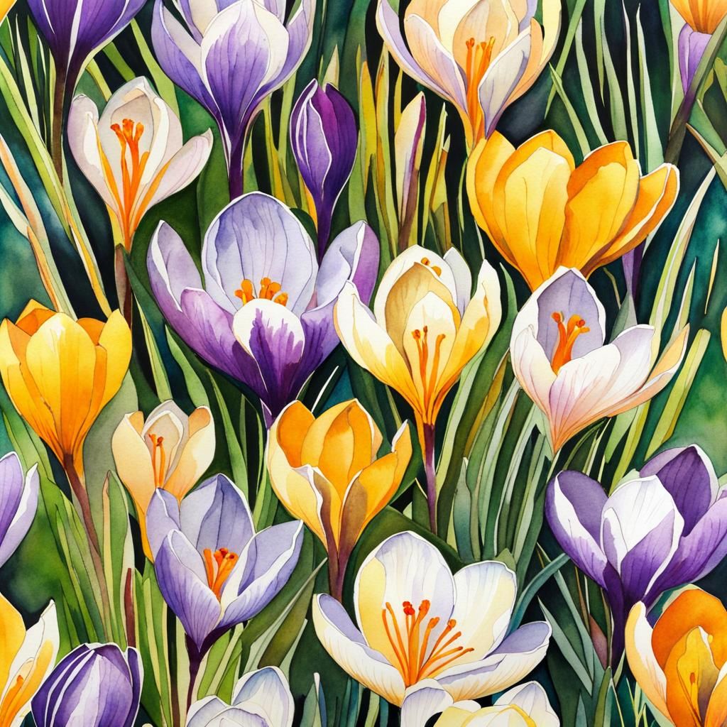 Crocus Flowers in Spring Forest, Watercolour Style