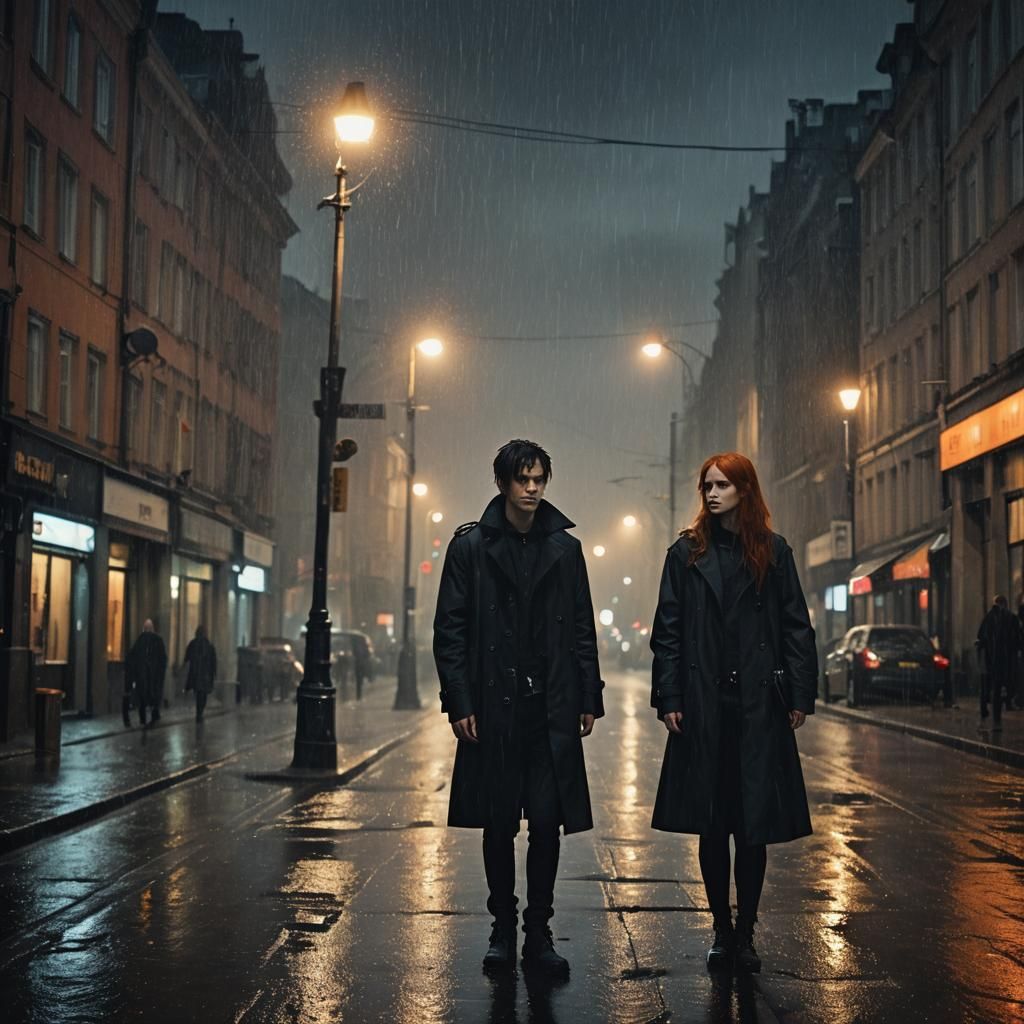 Gothic Couple in Rainy City Street