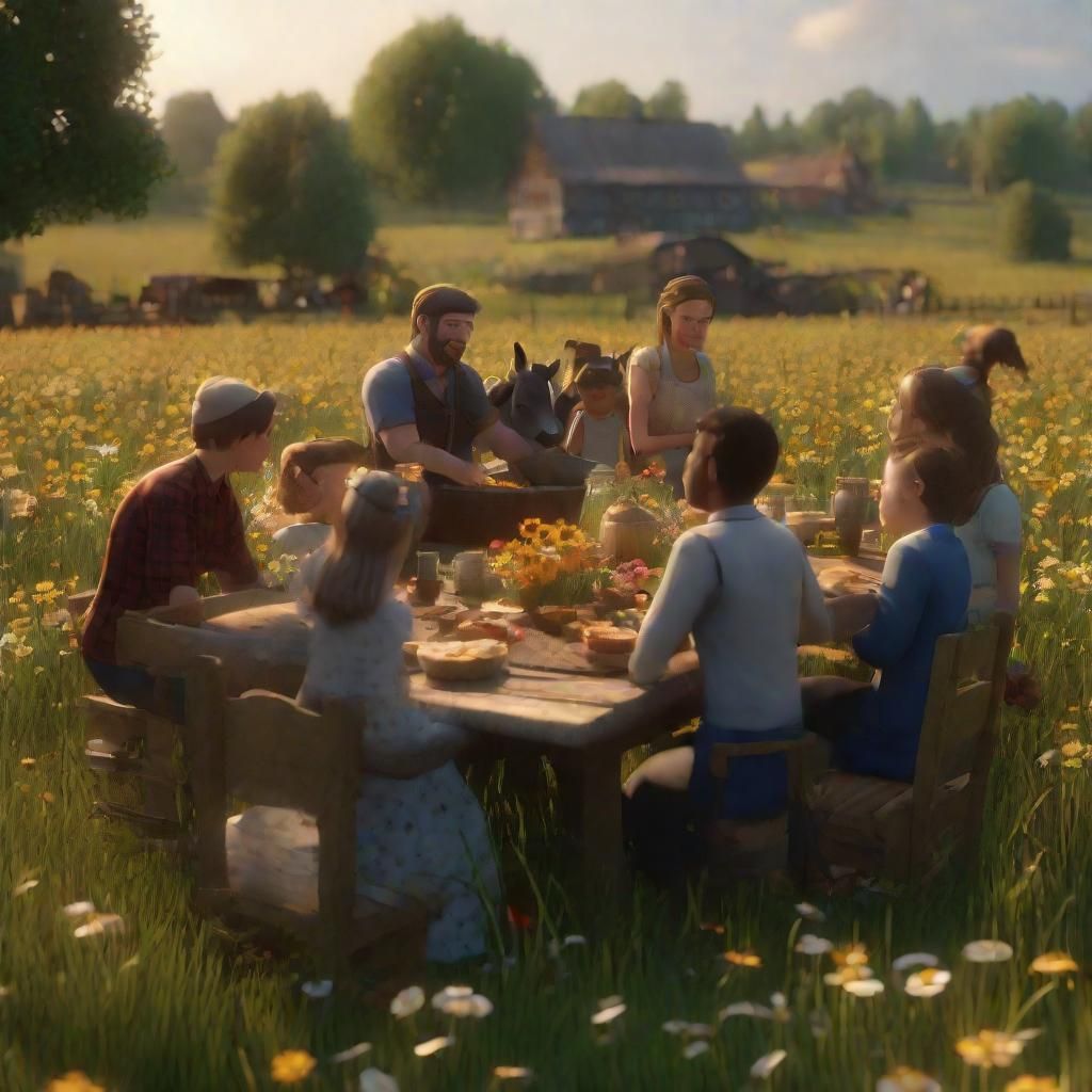 Family Feast in Field, 3D Game Cinematic Style