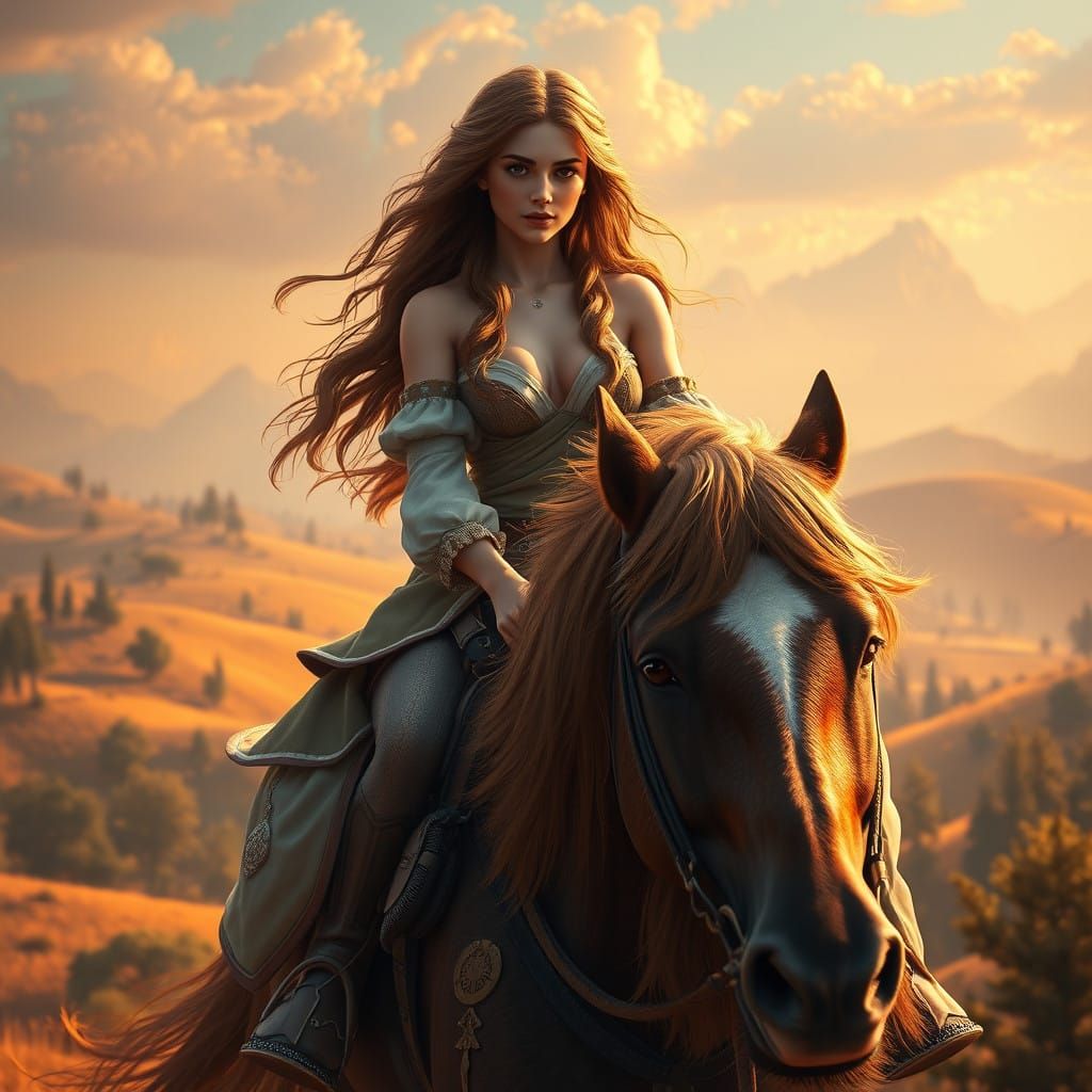 Elegant Lady Rides Majestic Brown Horse in Dreamlike Landsca...