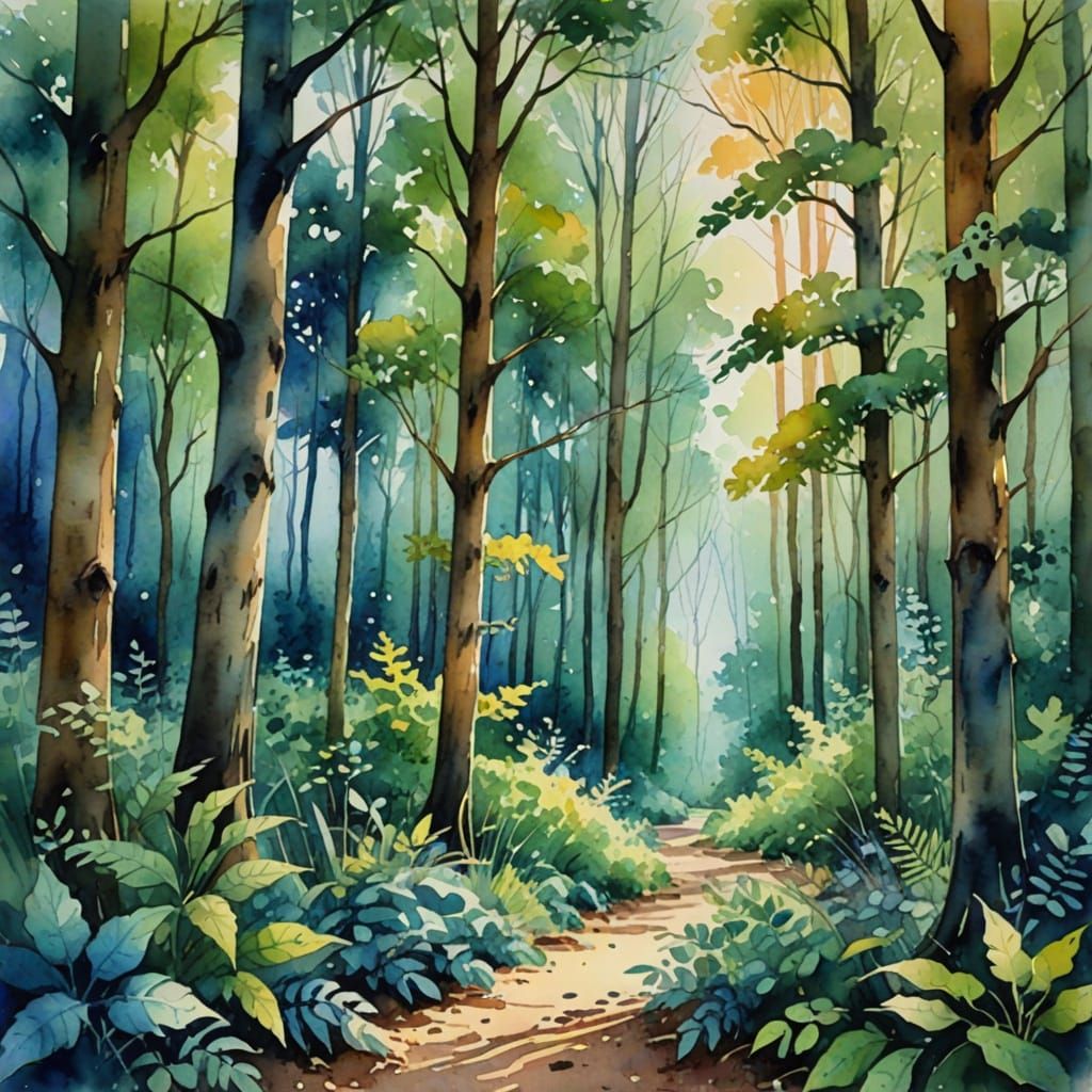 Vibrant Expressionist Forest Scene in Watercolor