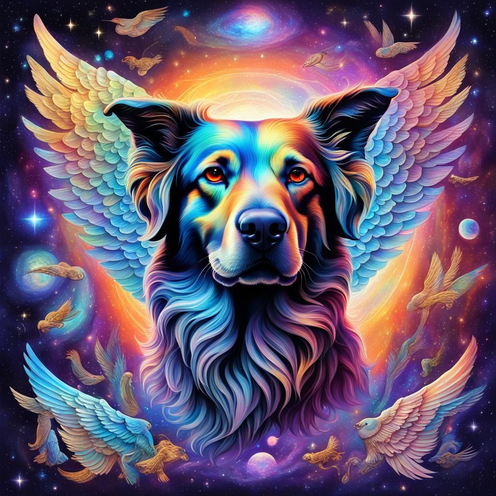 Dog with Wings and Angels, Astral Illustration