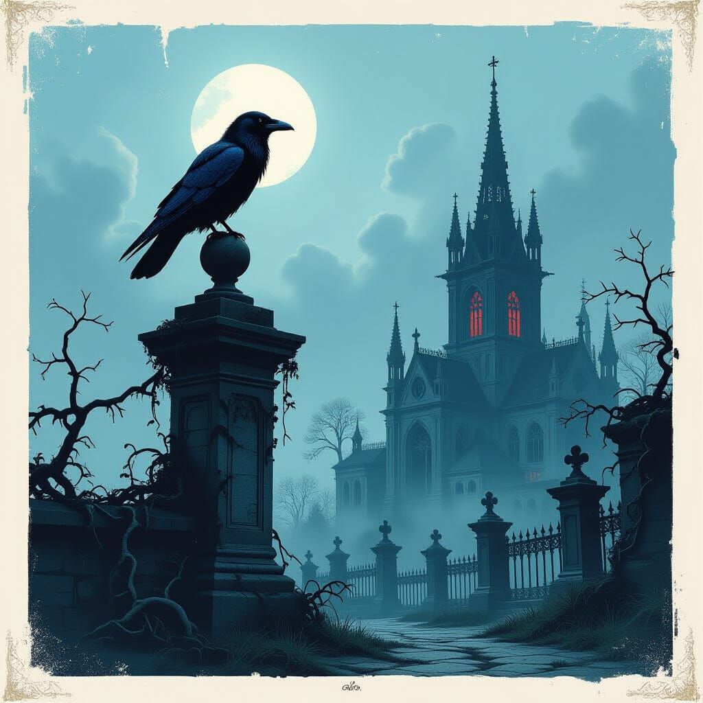 Raven in Gothic Graveyard: Surreal Dark Fantasy Art