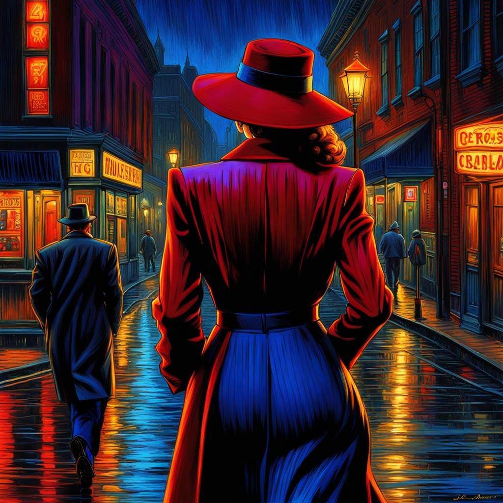 Film Noir Woman Walks Rainy City Street
