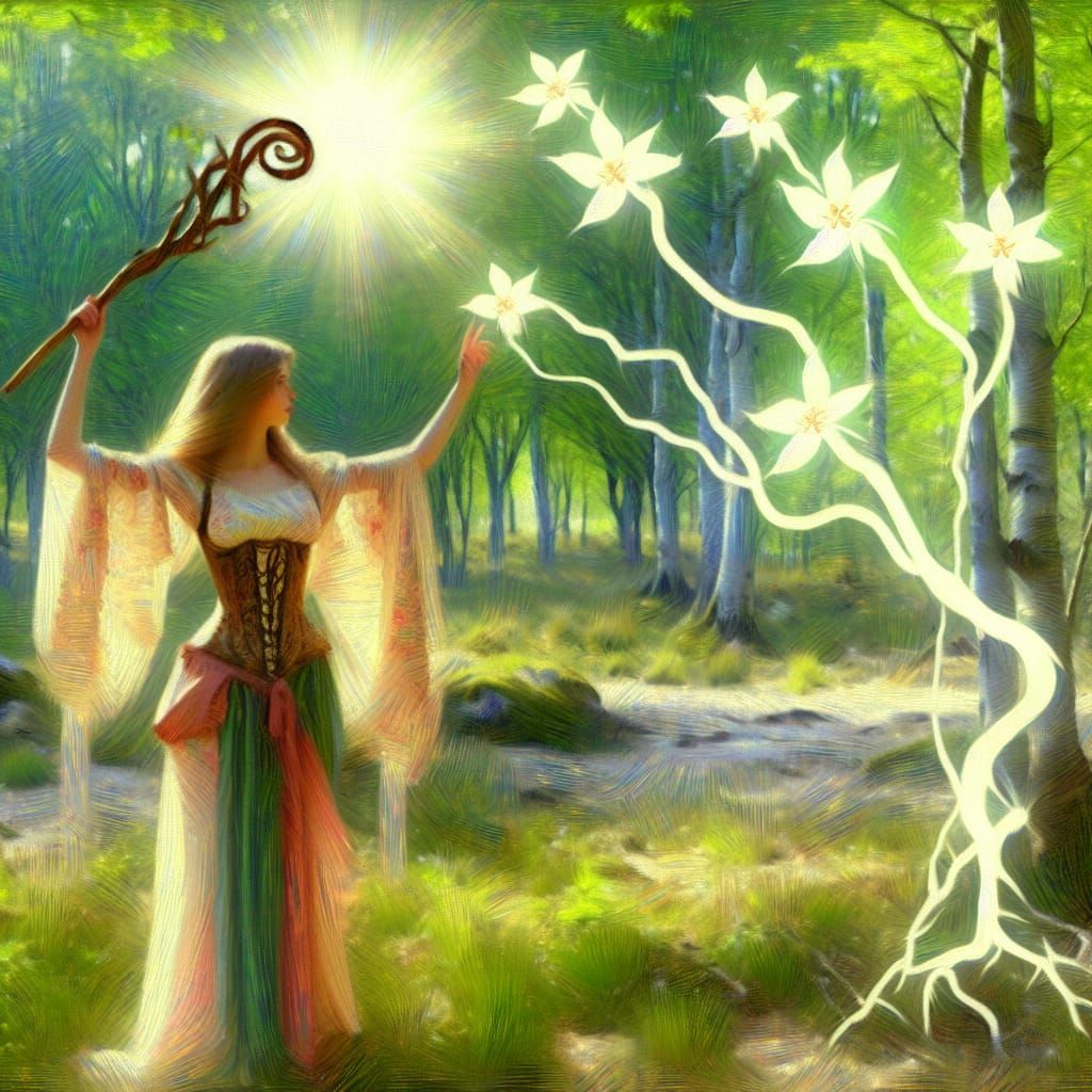 Woodland Witch in Forest Clearing: Oil Painting