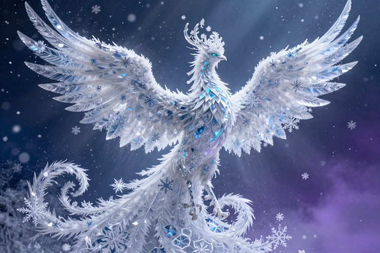 Ethereal Winter Phoenix Made of Snowflakes