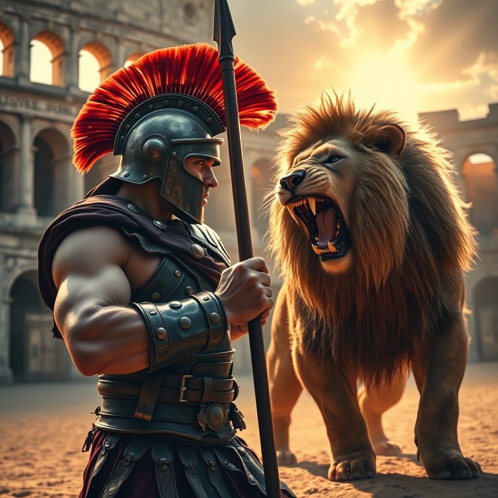 Gladiator Confronts Lion in Ancient Colosseum Arena