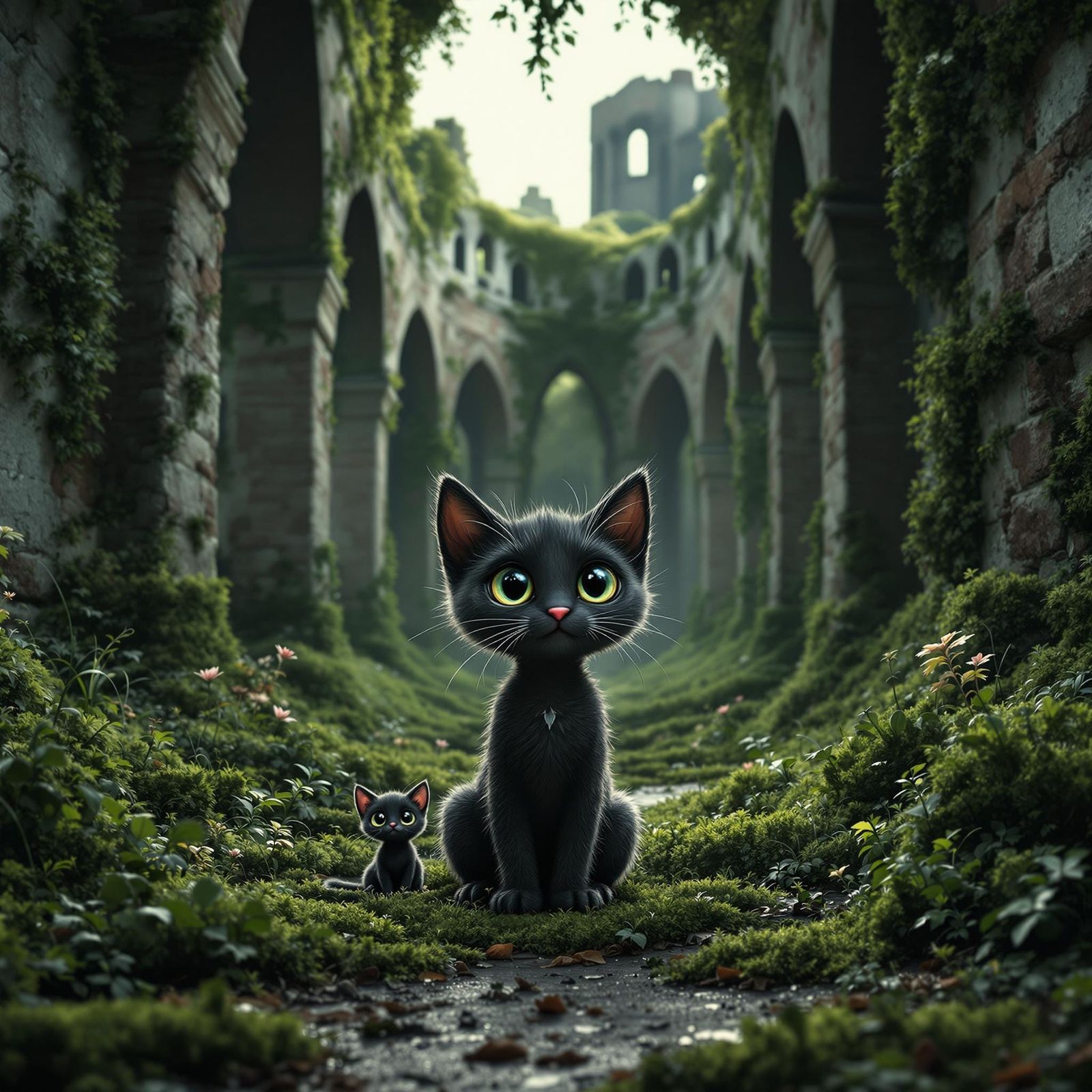 a dark scene, large ancient crumbling ruins castle with rows of large overgrown arches, arches are curving around to an ...