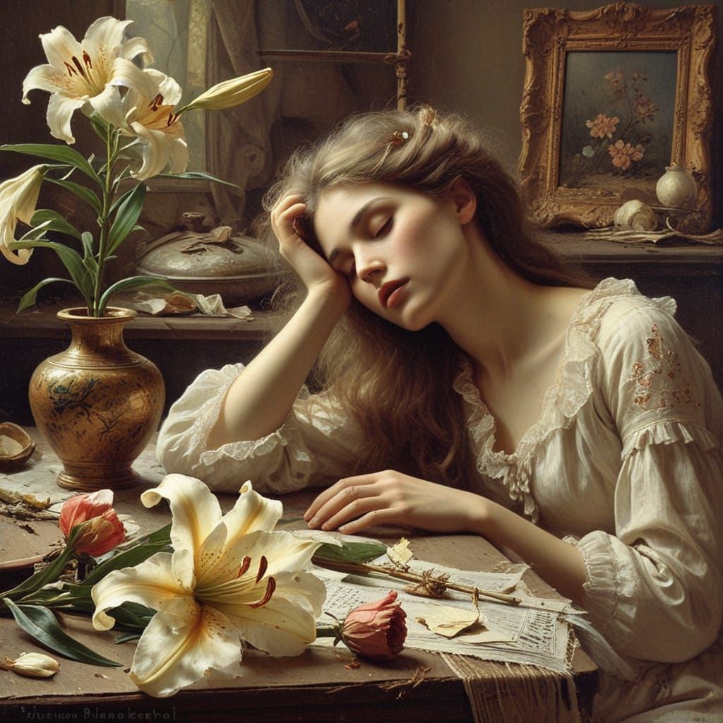 Solemn 19th-Century Still Life of a Dead Lily in Soft Muted...