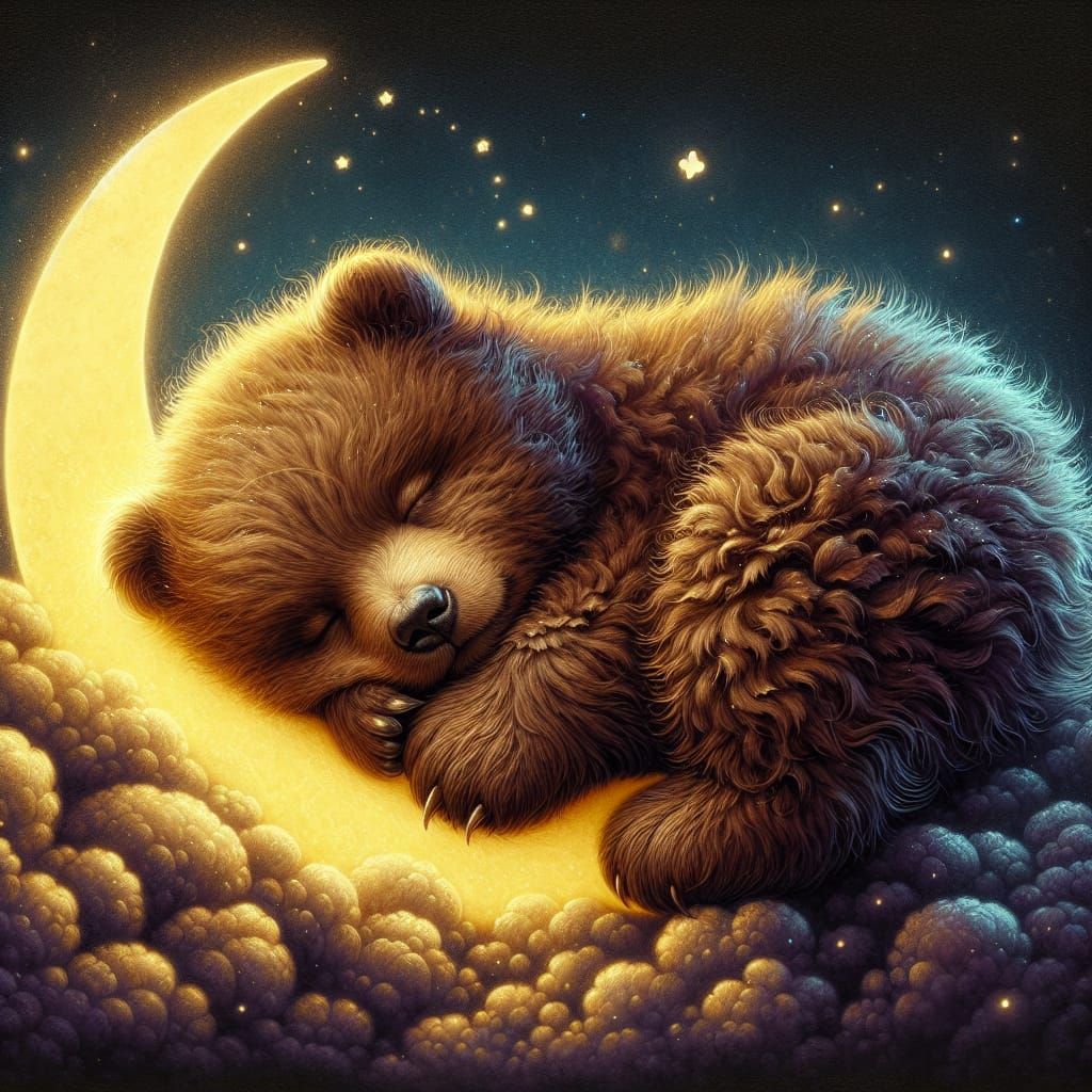 Cute Brown Bear Cub Sleeping on a Crescent Moon in a Whimsic...