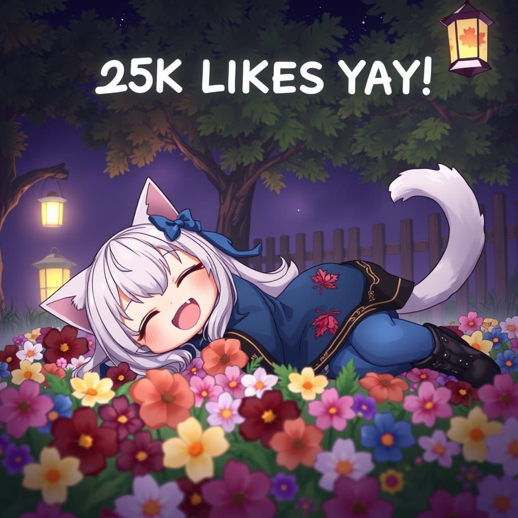 Anime Catgirl Celebrates 25K Likes in a Whimsical Floral Sce...