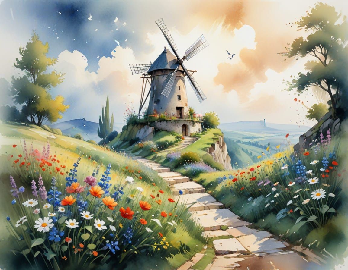Fairy Tale Windmill on Verdant Hill: Watercolor Art