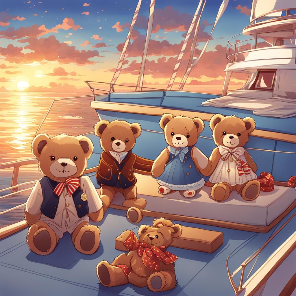 Teddy Bears on Yacht at Sunset: Anime Style